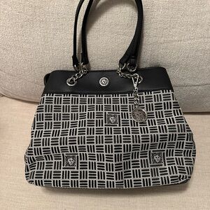 Anne Klein Black and Cream Patterned Shoulder Tote with Charm